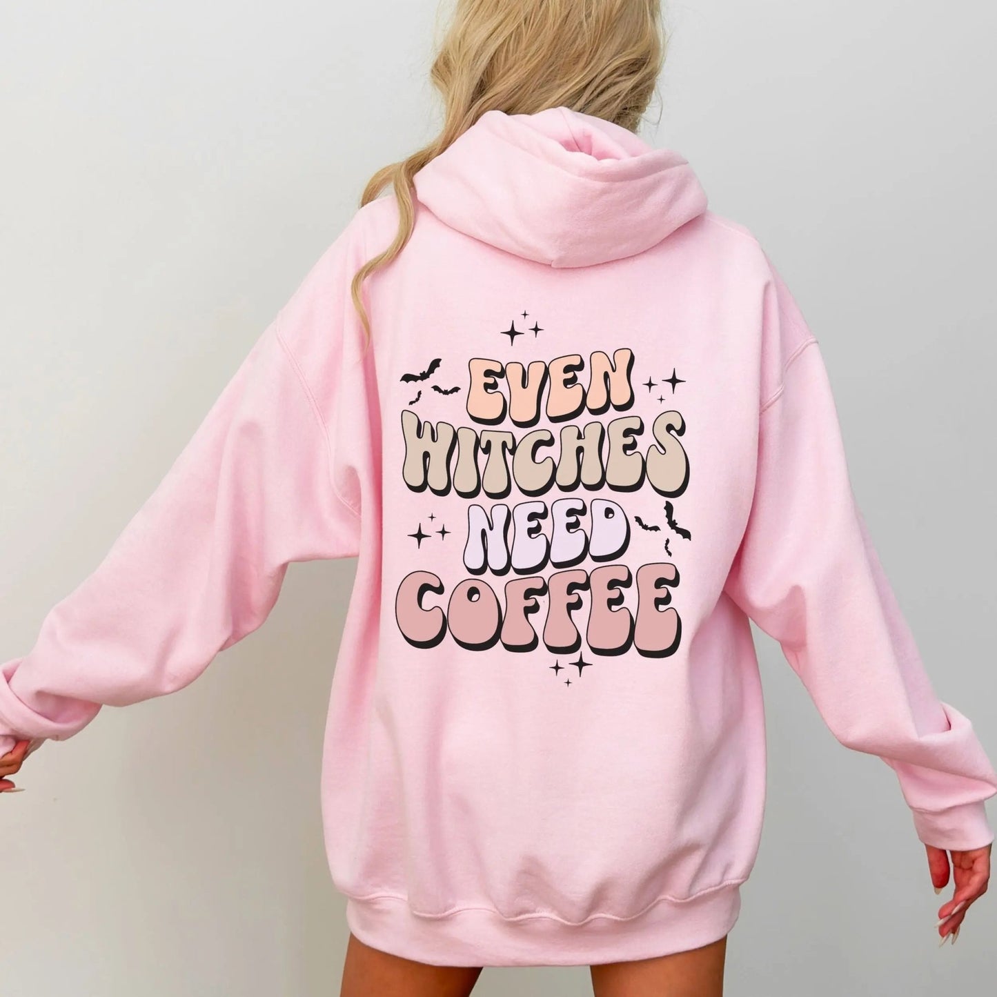 Even Witches Need Coffee hoodie, retro typography, witchy aesthetic, Y2K style.