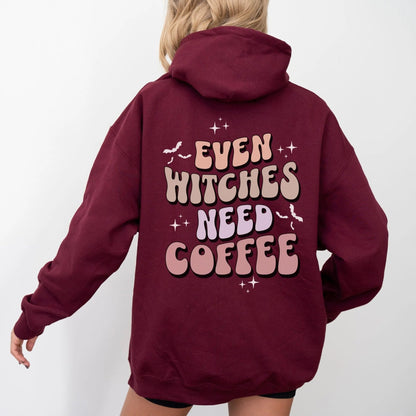 Even Witches Need Coffee hoodie, retro typography, witchy aesthetic, Y2K style.