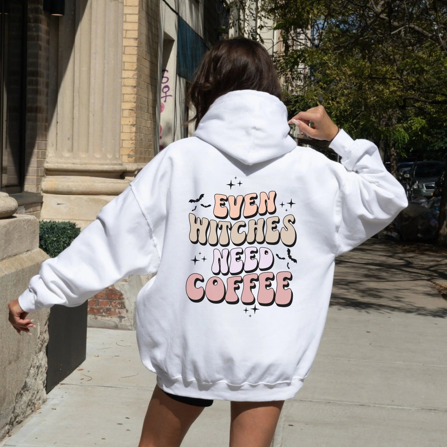 Even Witches Need Coffee hoodie, retro typography, witchy aesthetic, Y2K style.