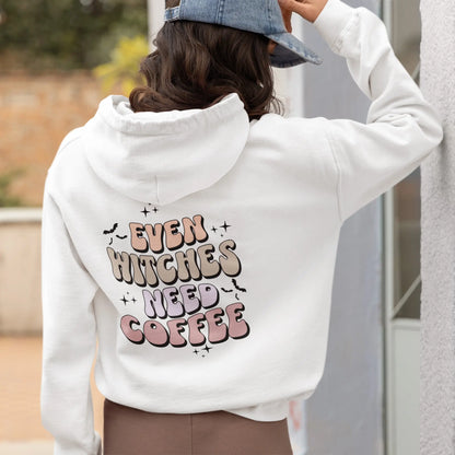 Even Witches Need Coffee hoodie, retro typography, witchy aesthetic, Y2K style.