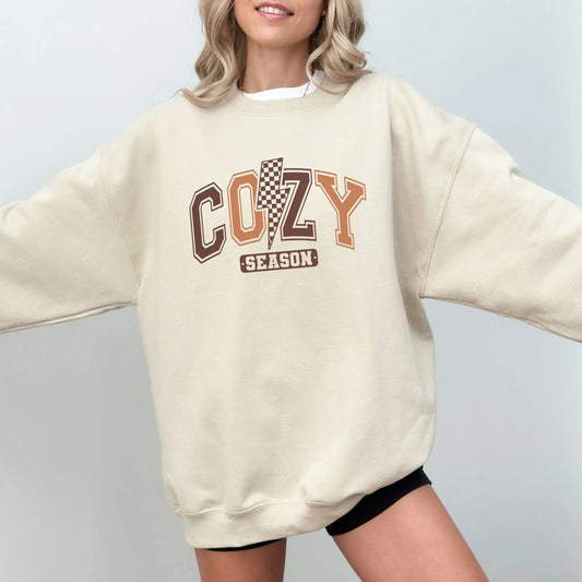 Retro Cozy Season sweatshirt in fall colors, perfect for autumn vibes and cozy fashion.