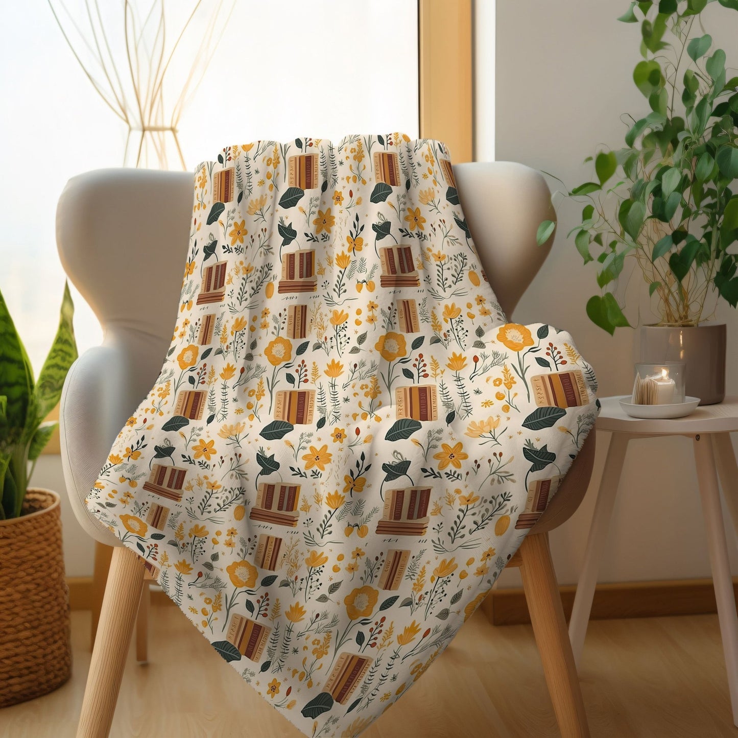 Floral book blanket with a cozy reading design, available in velveteen plush or sherpa fleece.