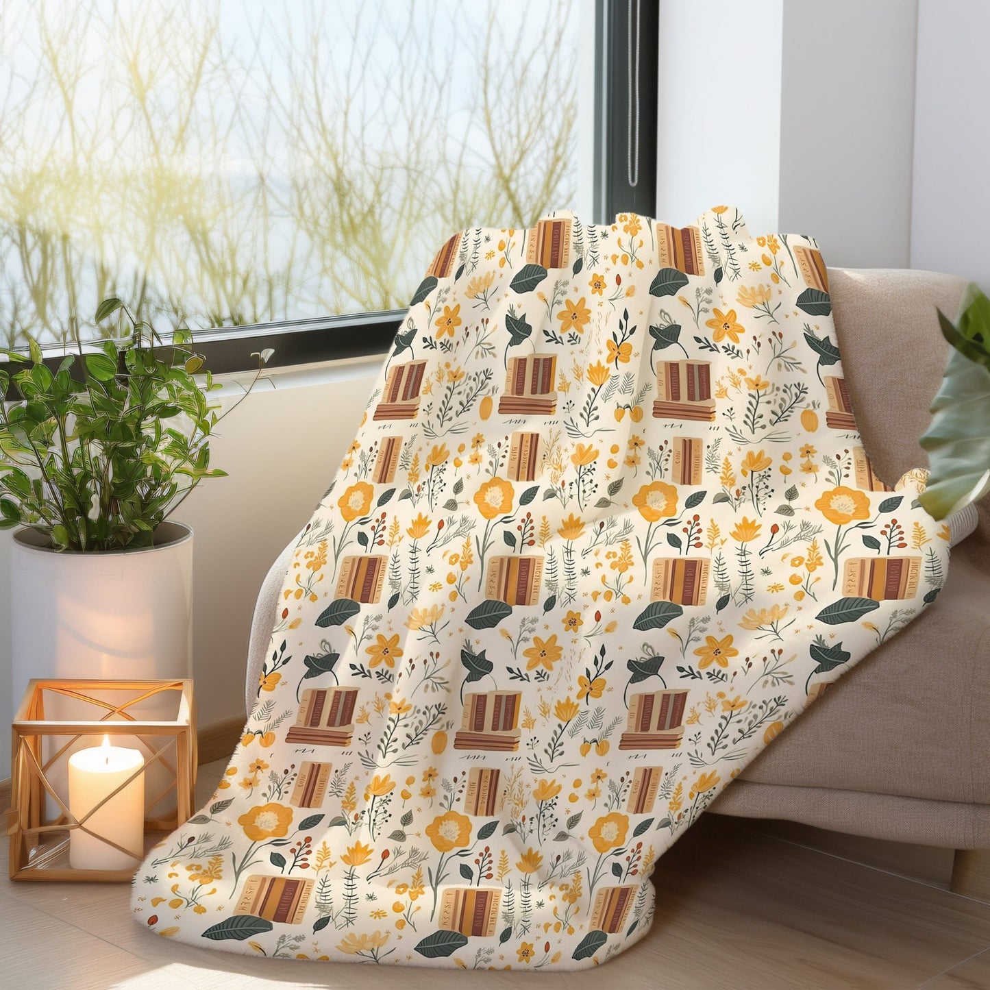 Floral book blanket with a cozy reading design, available in velveteen plush or sherpa fleece.