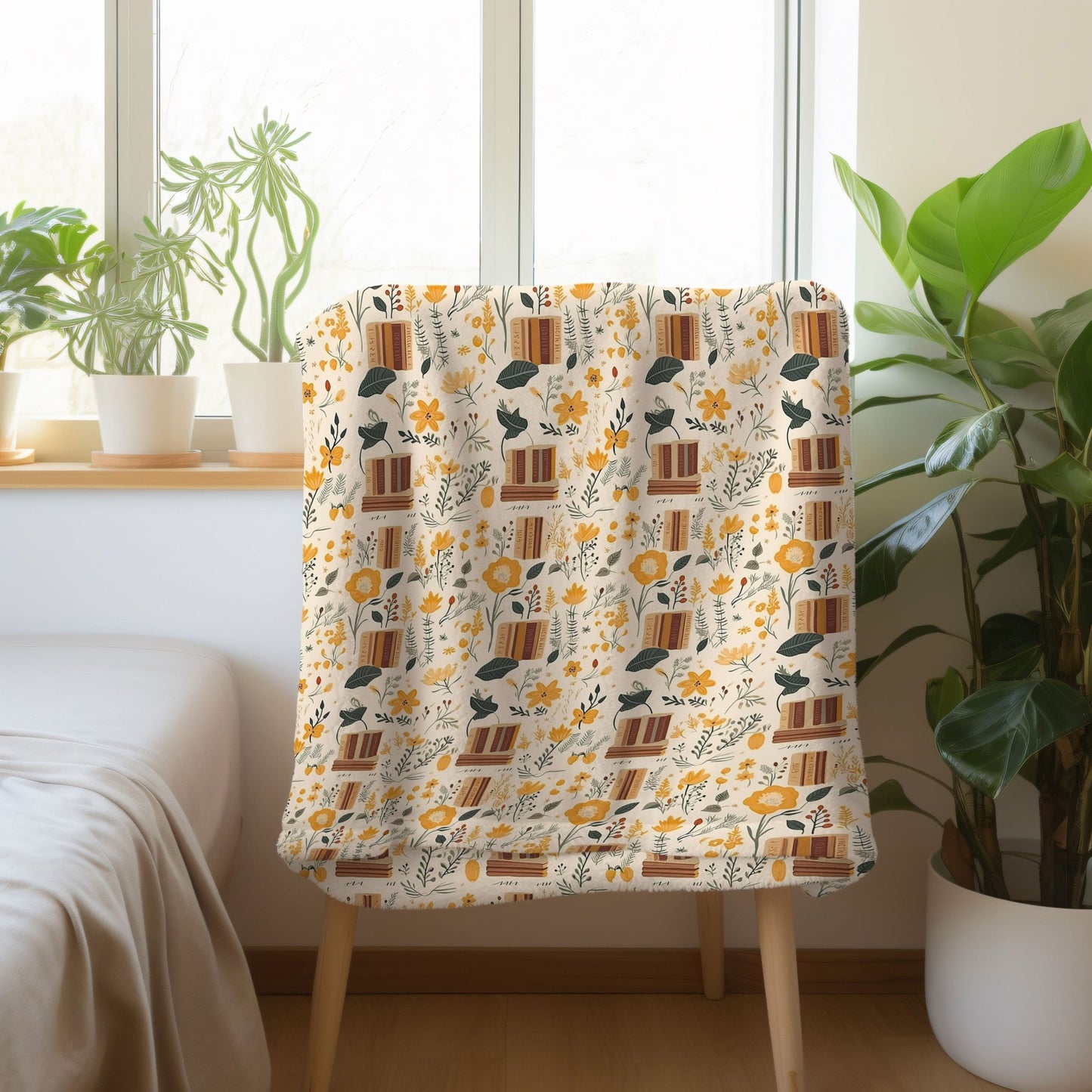 Floral book blanket with a cozy reading design, available in velveteen plush or sherpa fleece.