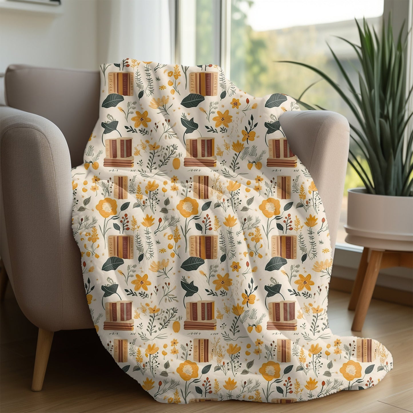 Floral book blanket with a cozy reading design, available in velveteen plush or sherpa fleece.