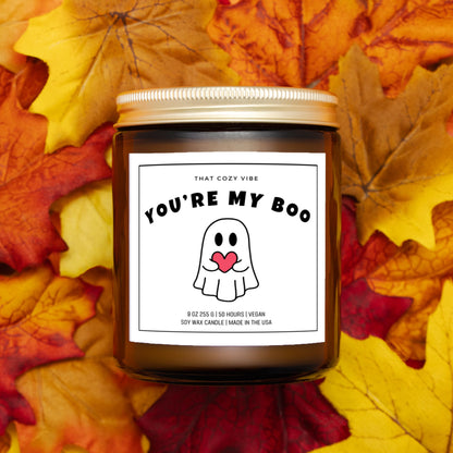 You're My Boo Halloween soy wax candle in amber and clear jars.