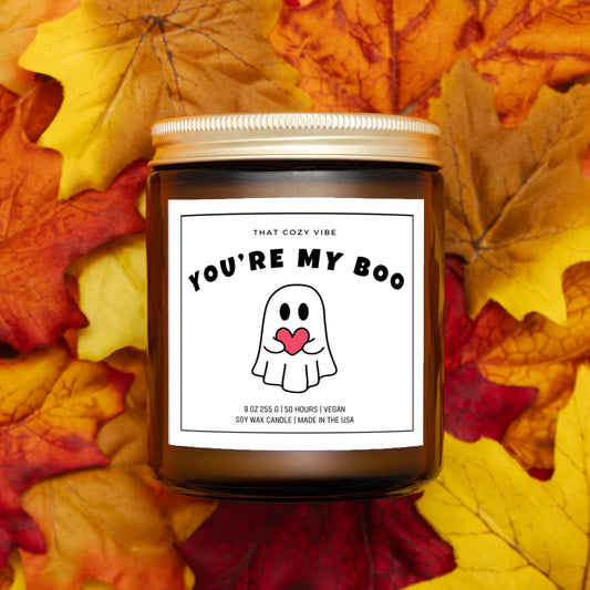 You're My Boo Halloween soy wax candle in amber and clear jars.