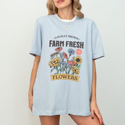 Farm fresh flowers shirt with vintage floral bouquet design in multiple colors.