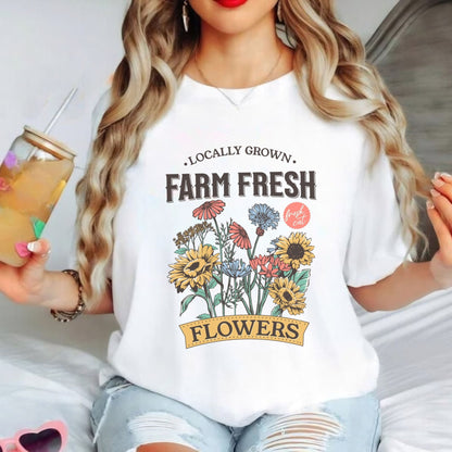 Farm fresh flowers shirt with vintage floral bouquet design in multiple colors.