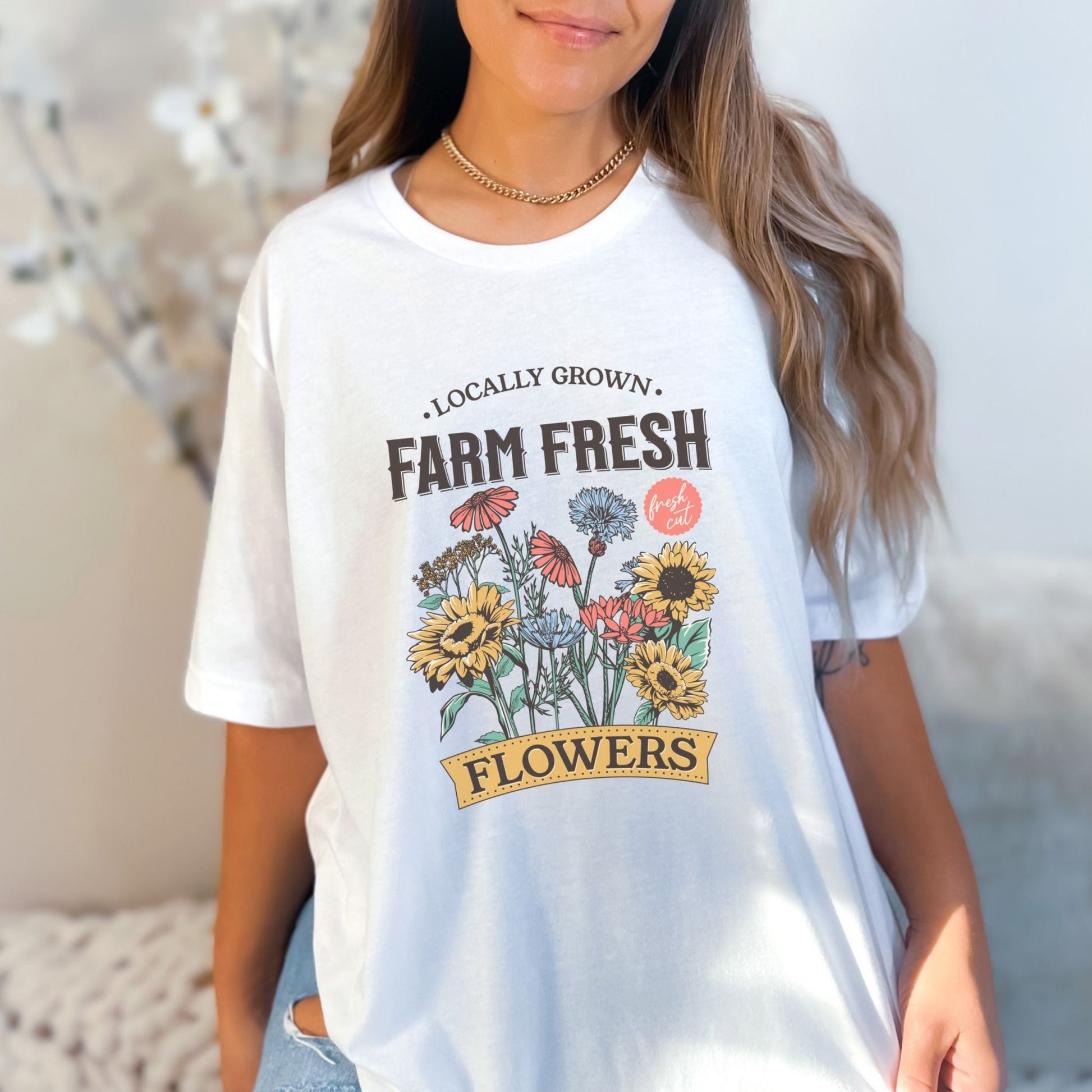 Farm fresh flowers shirt with vintage floral bouquet design in multiple colors.