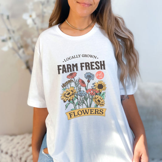 Farm fresh flowers shirt with vintage floral bouquet design in multiple colors.