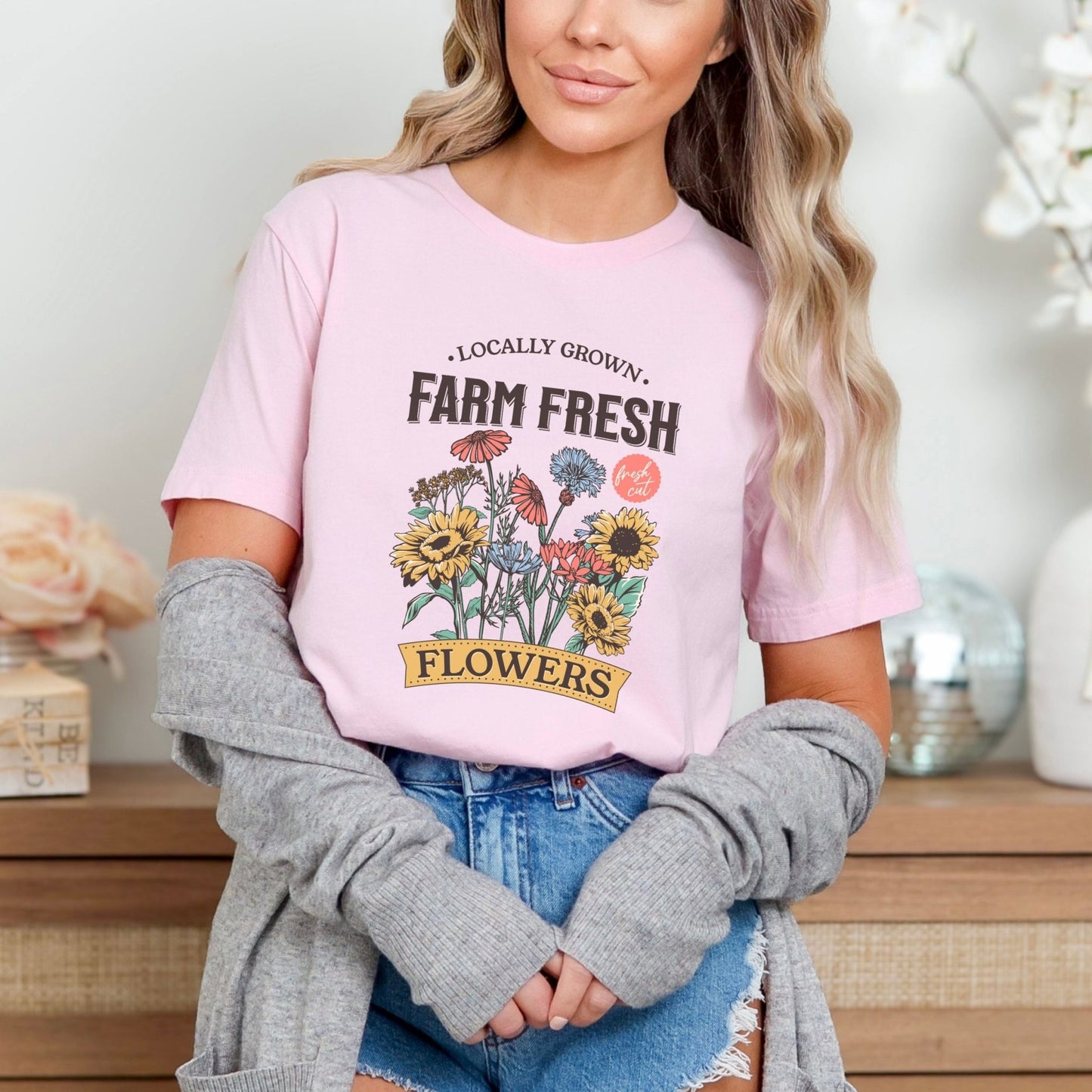 Farm fresh flowers shirt with vintage floral bouquet design in multiple colors.