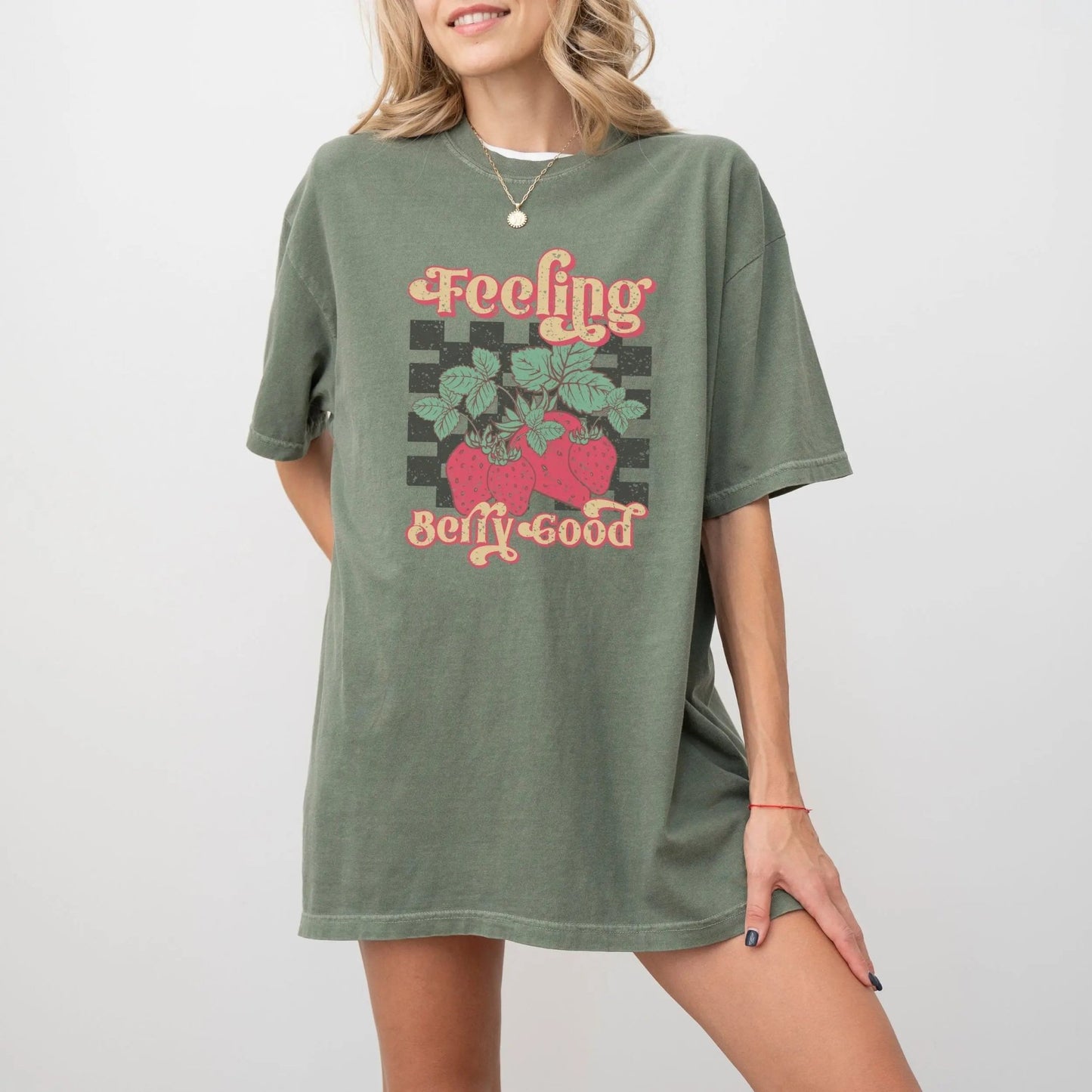 "Feeling Berry Good" shirt with strawberry design, 100% cotton, cute and playful, 7 colors.