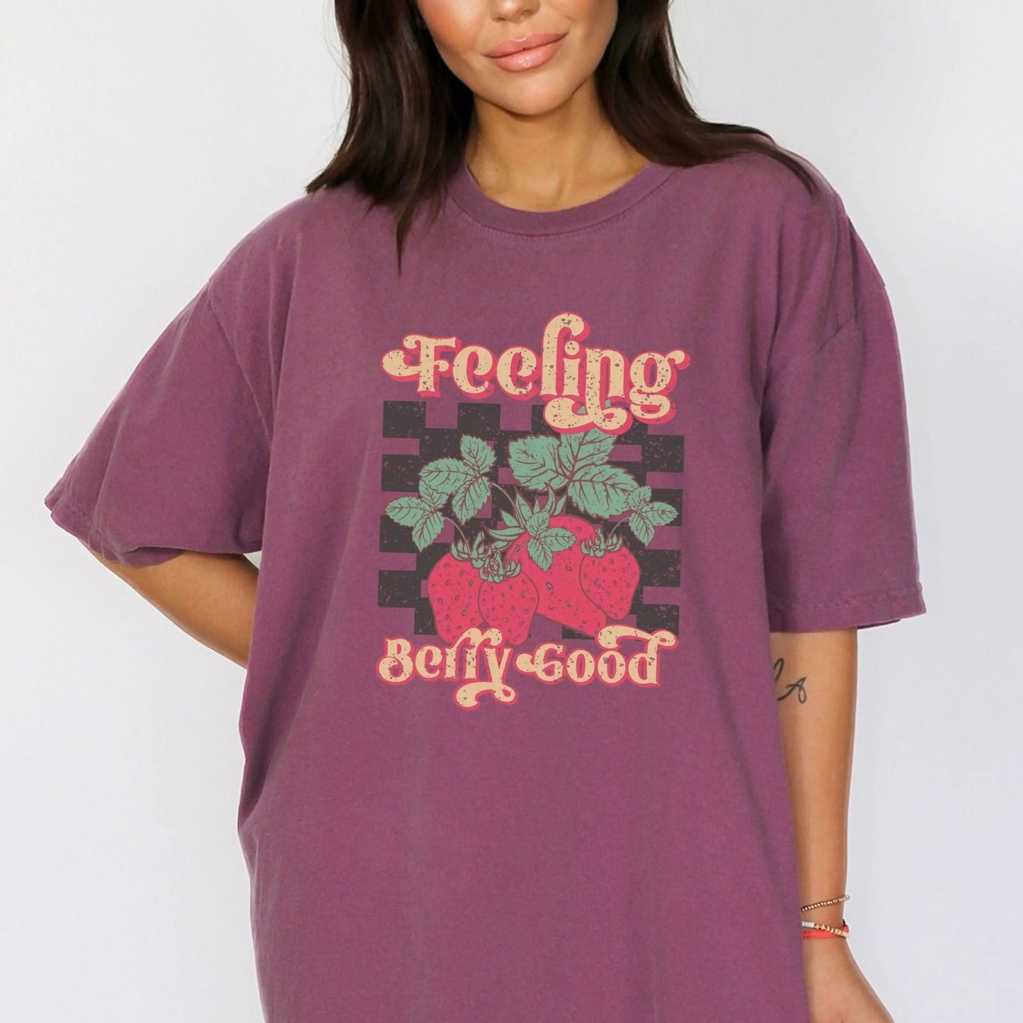 "Feeling Berry Good" shirt with strawberry design, 100% cotton, cute and playful, 7 colors.