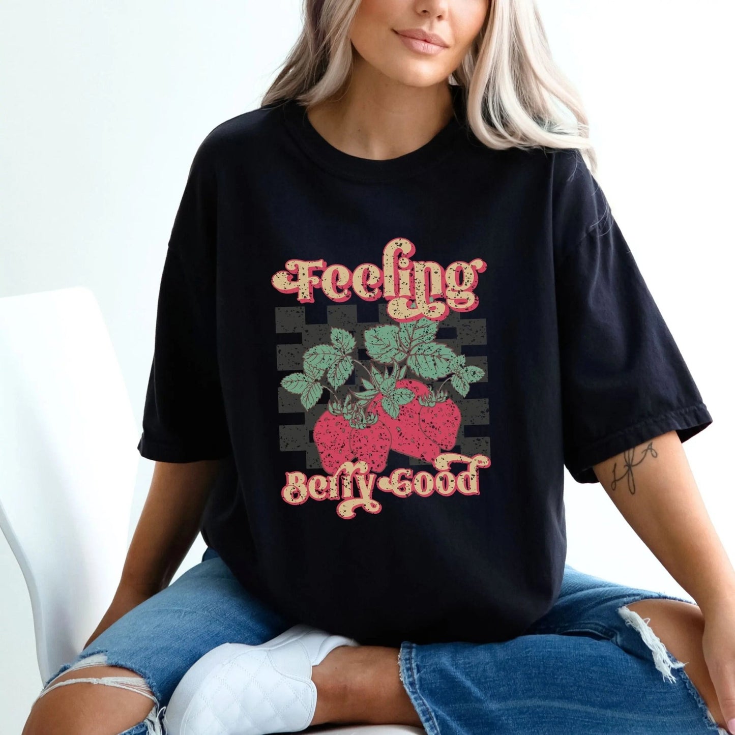 "Feeling Berry Good" shirt with strawberry design, 100% cotton, cute and playful, 7 colors.