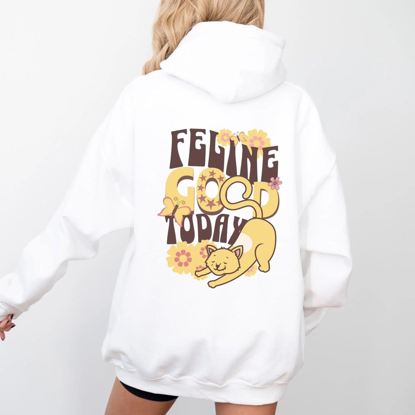 Feline Good hoodie with retro cat design, perfect for cozy vibes and cat lovers.