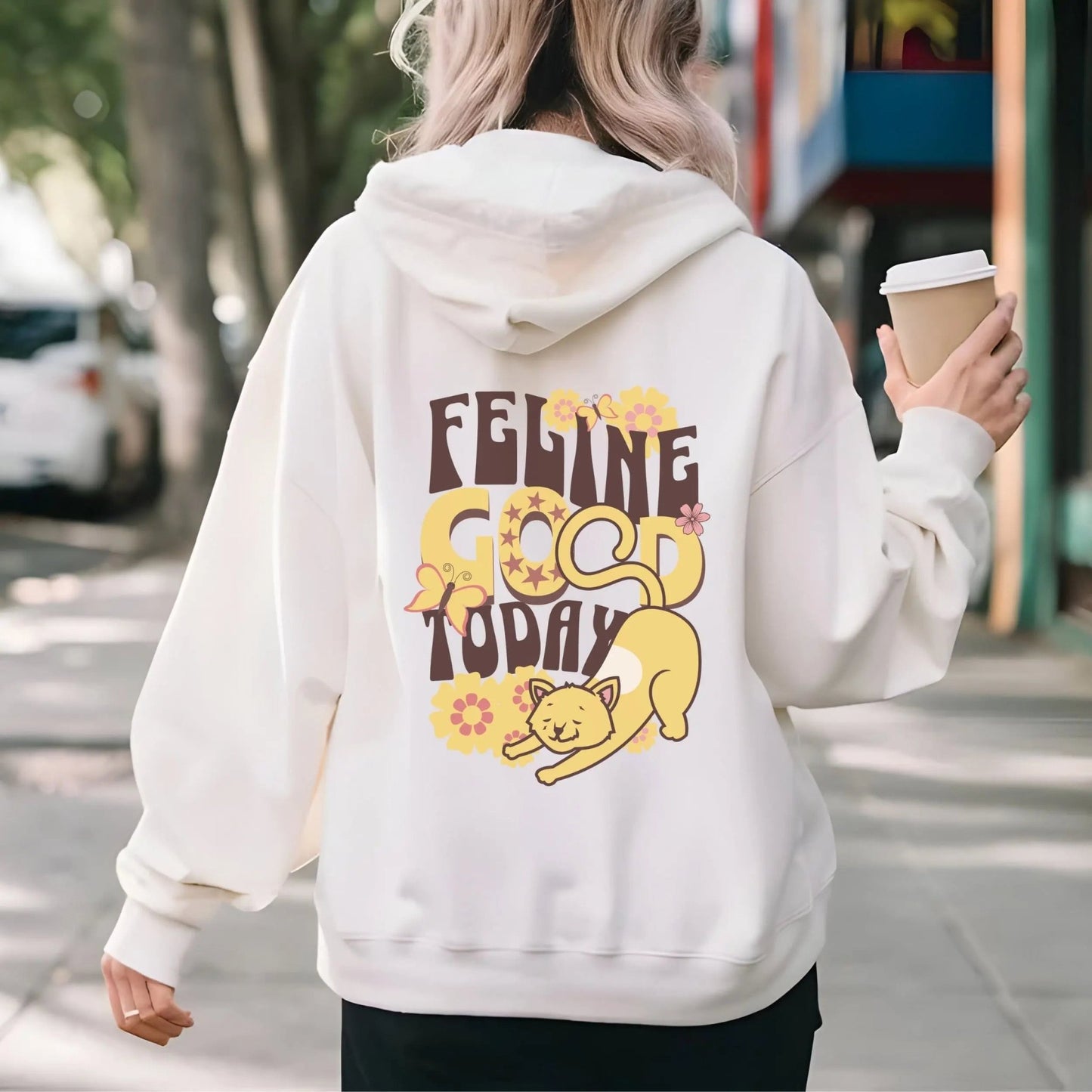 Feline Good hoodie with retro cat design, perfect for cozy vibes and cat lovers.