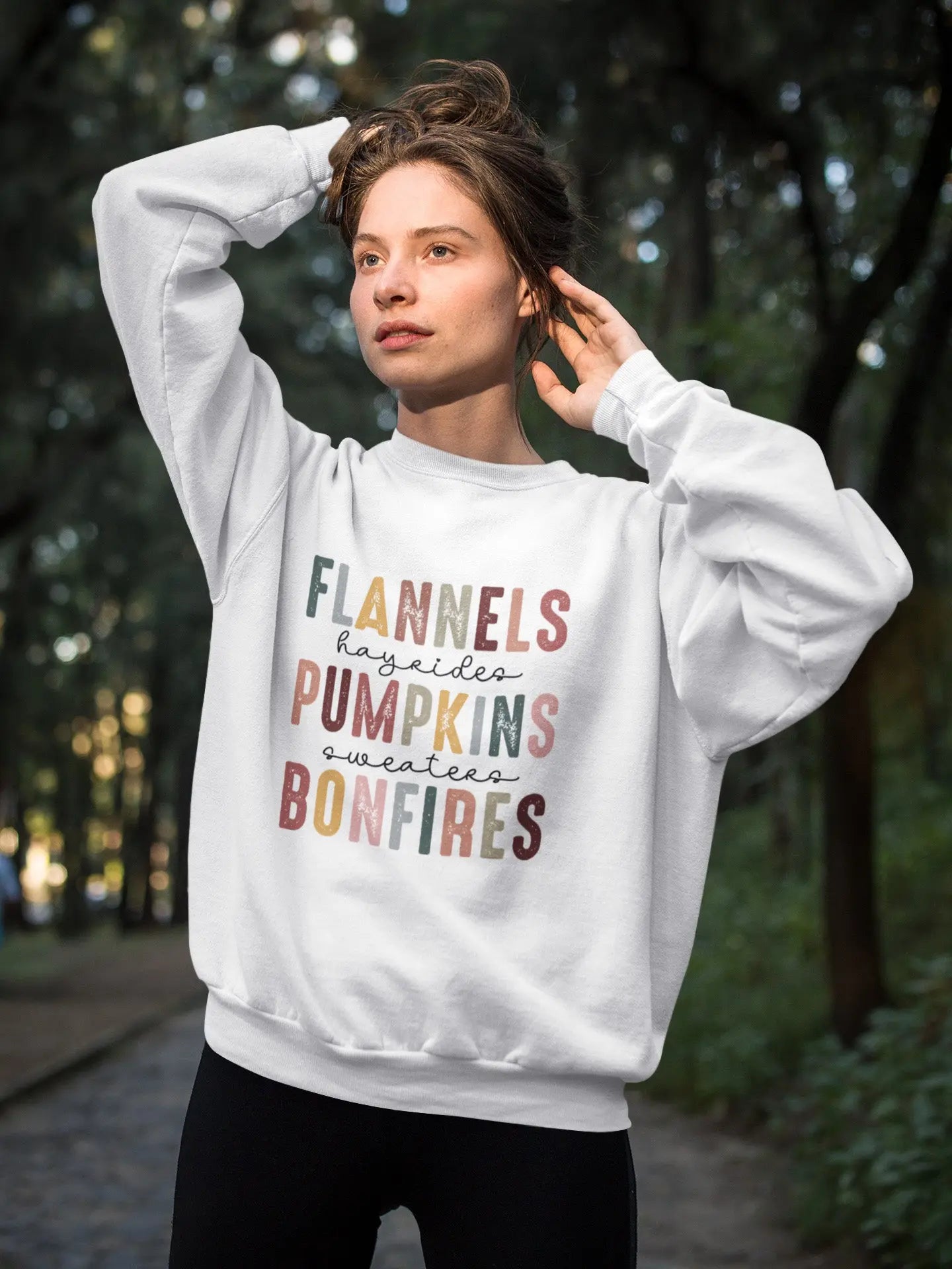 Flannels, Pumpkins, BonfiFlannels Pumpkins Bonfires sweatshirt, retro typography, cozy fall fashion, 3 colors.res Sweatshirt Printify