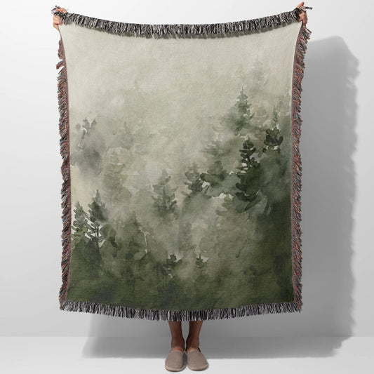 Forest Watercolor woven fringe blanket, woodland print, nature decor, evergreen blanket