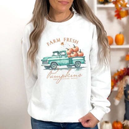 "Farm Fresh Pumpkins" sweatshirt, rustic design, available in 7 colors, perfect for fall.