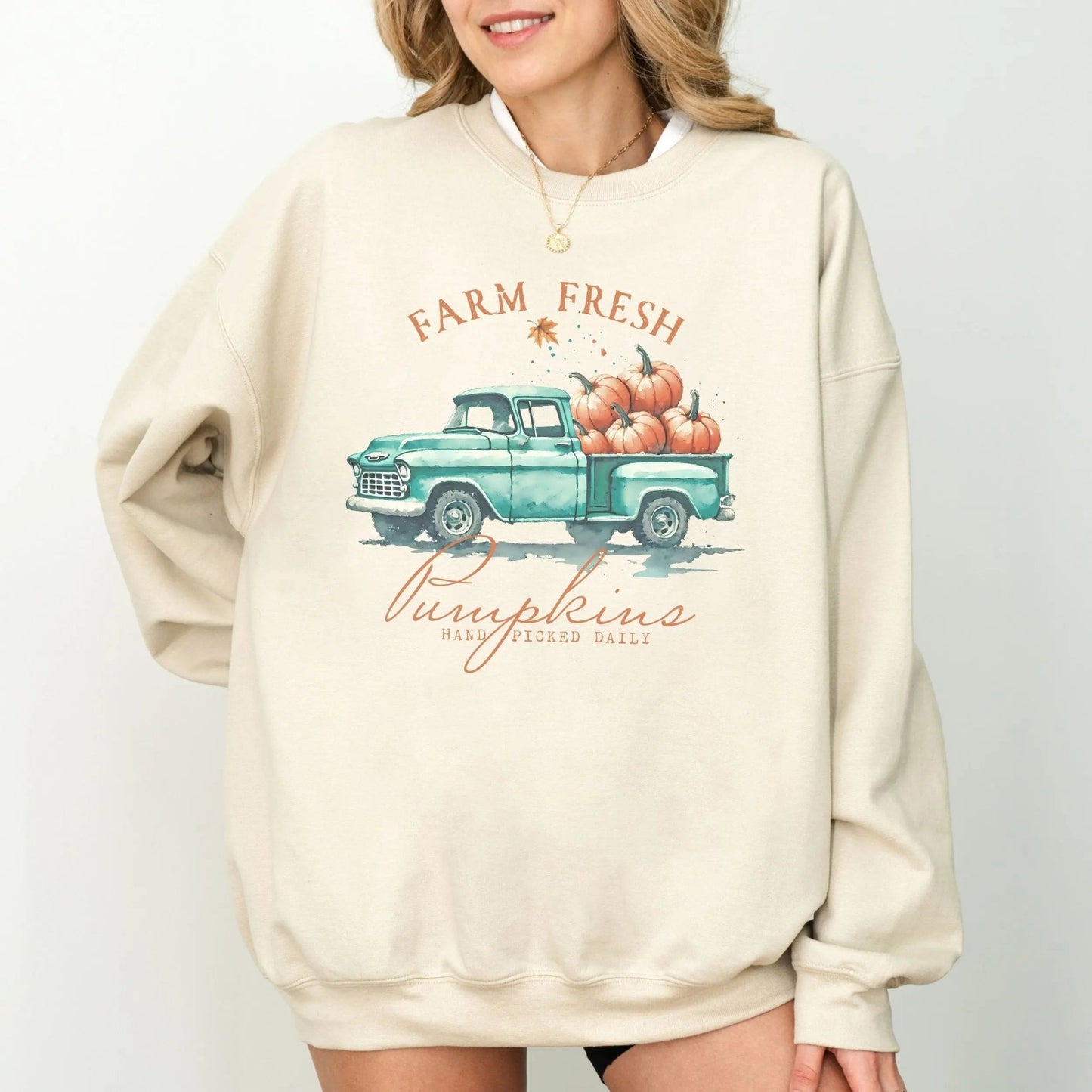 "Farm Fresh Pumpkins" sweatshirt, rustic design, available in 7 colors, perfect for fall.