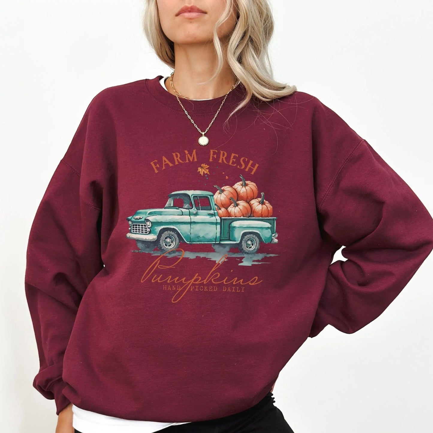 "Farm Fresh Pumpkins" sweatshirt, rustic design, available in 7 colors, perfect for fall.