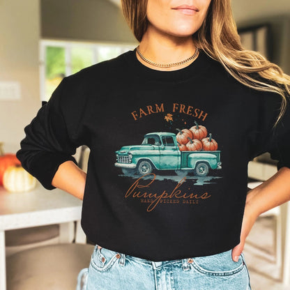 "Farm Fresh Pumpkins" sweatshirt, rustic design, available in 7 colors, perfect for fall.