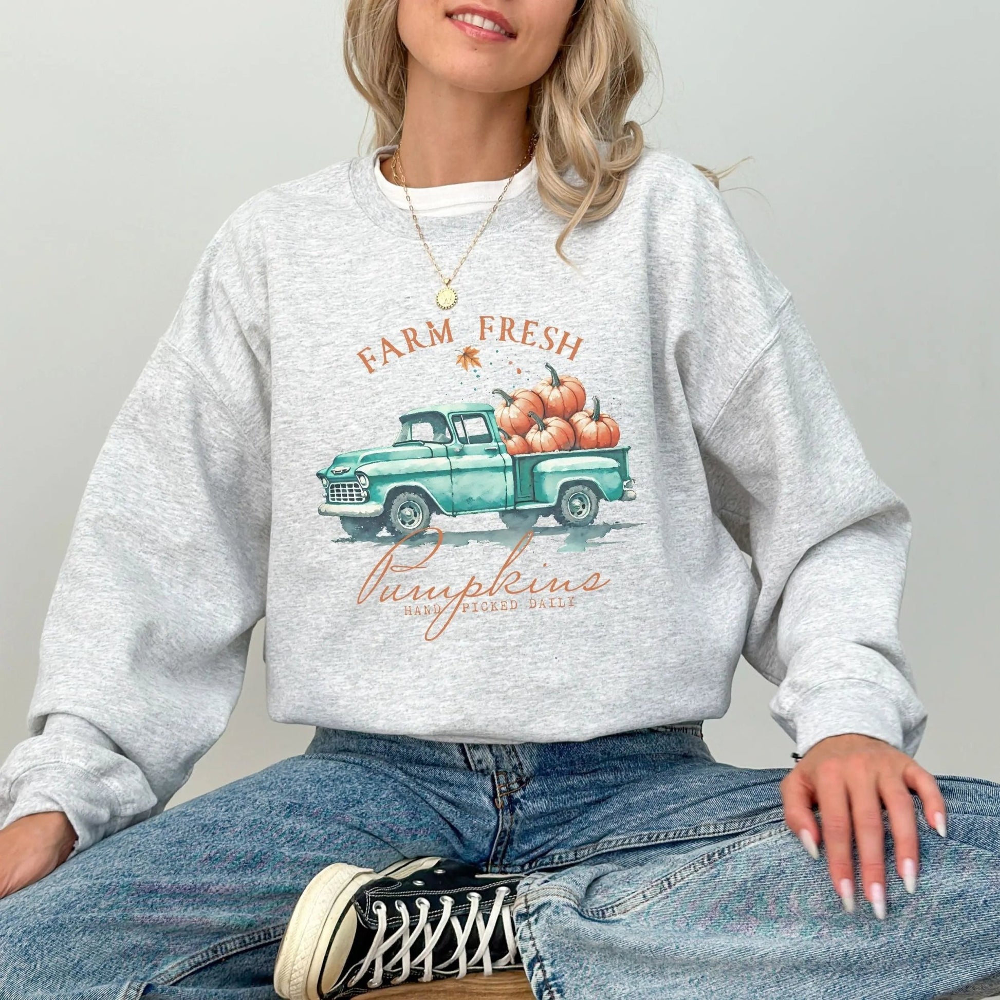 "Farm Fresh Pumpkins" sweatshirt, rustic design, available in 7 colors, perfect for fall.