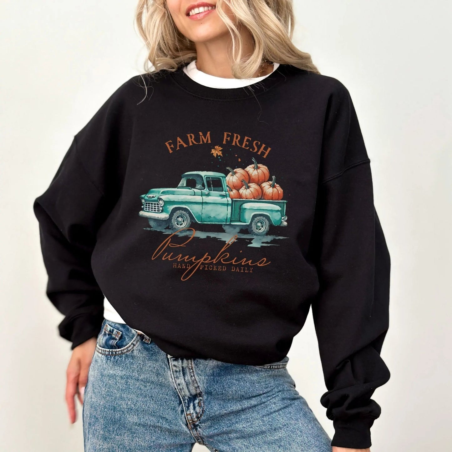 "Farm Fresh Pumpkins" sweatshirt, rustic design, available in 7 colors, perfect for fall.