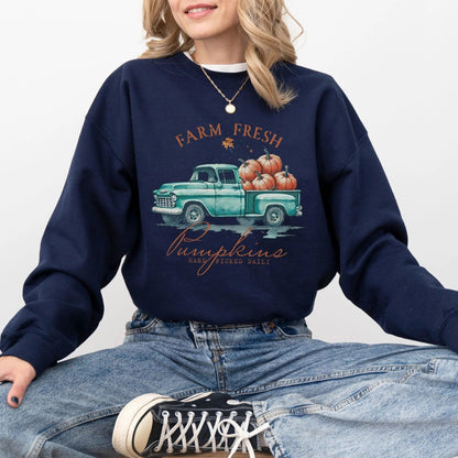 "Farm Fresh Pumpkins" sweatshirt, rustic design, available in 7 colors, perfect for fall.