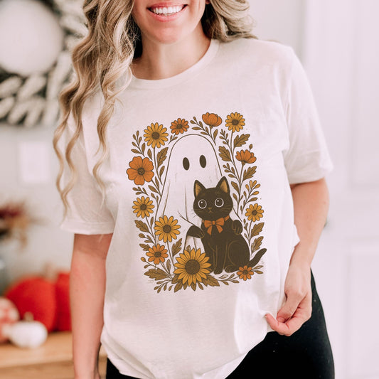 Vintage ghost and black cat t-shirt with sunflowers and fall floral design, autumn aesthetic Halloween shirt