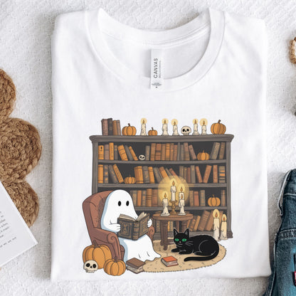 Cute ghost reading a book in a cozy library with pumpkins, candles, and a black cat for Halloween.
