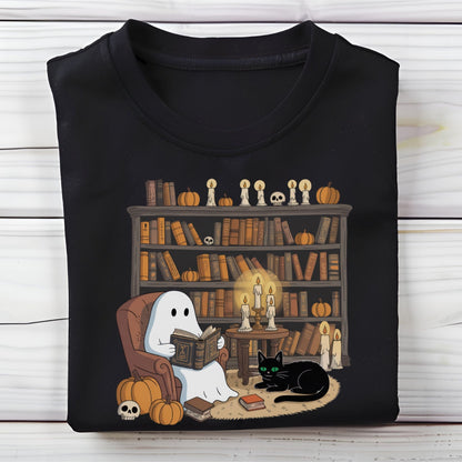 Cute ghost reading a book in a cozy library with pumpkins, candles, and a black cat for Halloween.