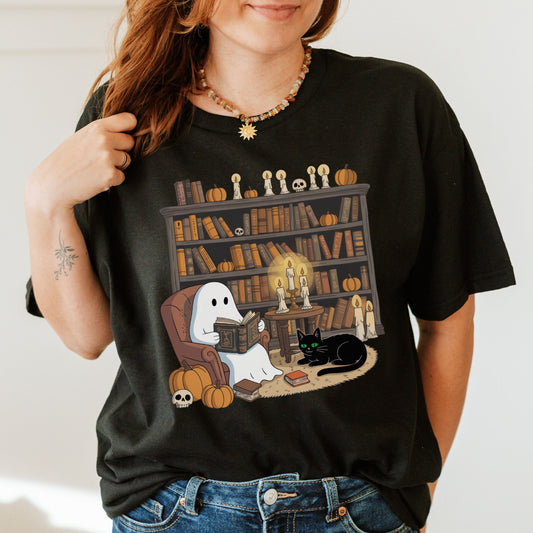 Cute ghost reading a book in a cozy library with pumpkins, candles, and a black cat for Halloween.