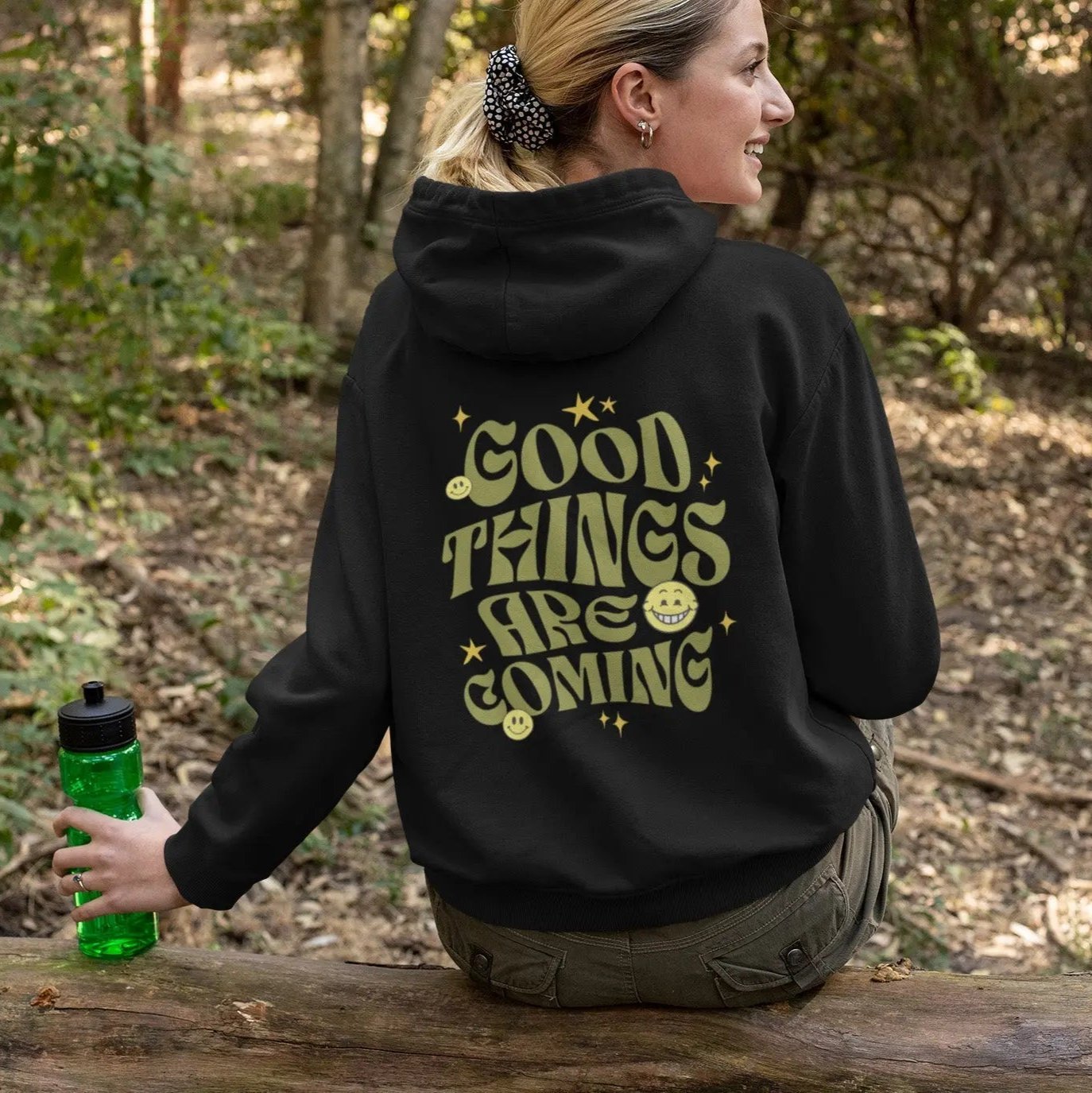 Good Things Are Coming hoodie, Y2K-inspired streetwear, retro typography, smiley faces.