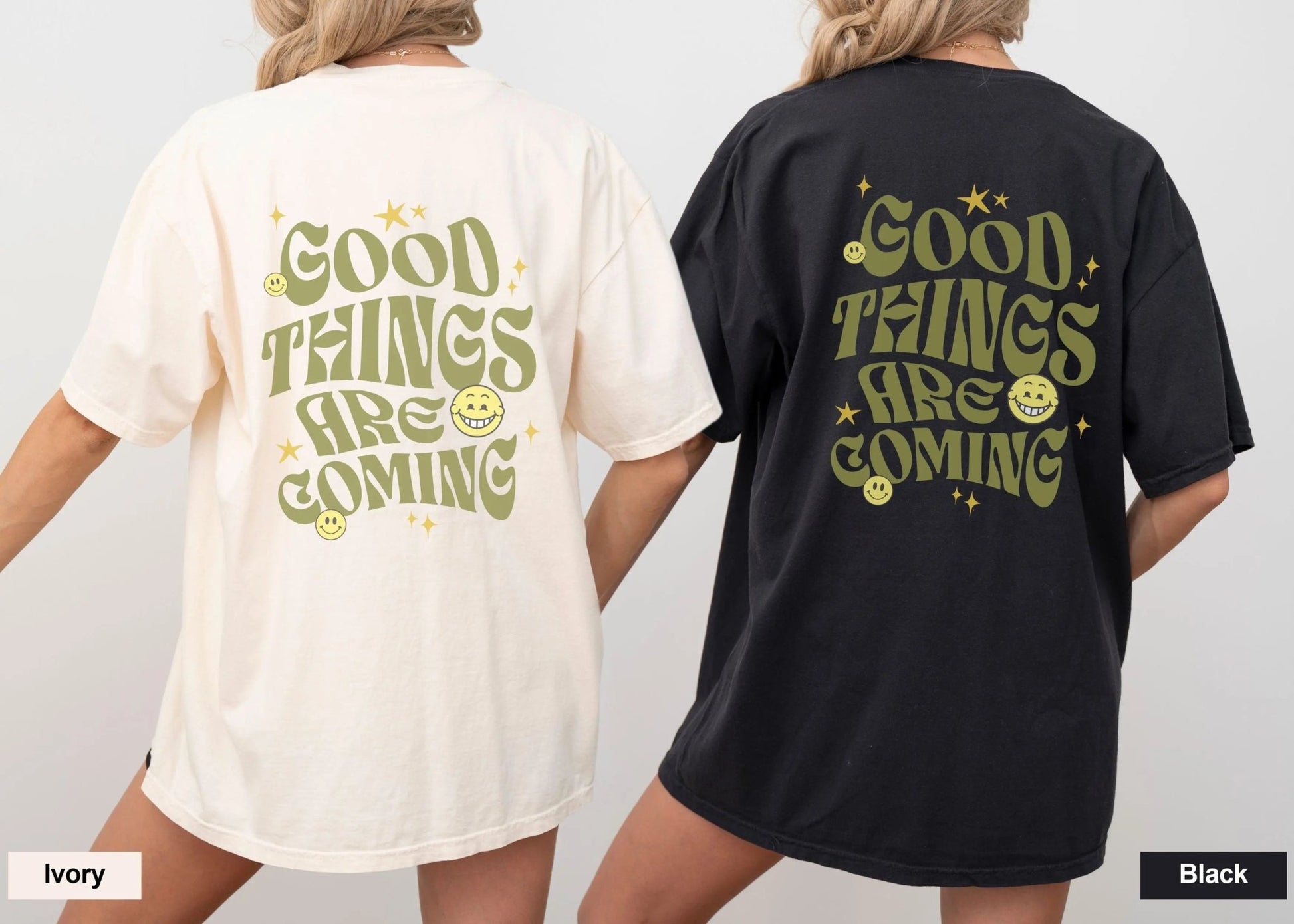 Good Things Are Coming shirt, Y2K-inspired streetwear, retro typography, smiley faces.