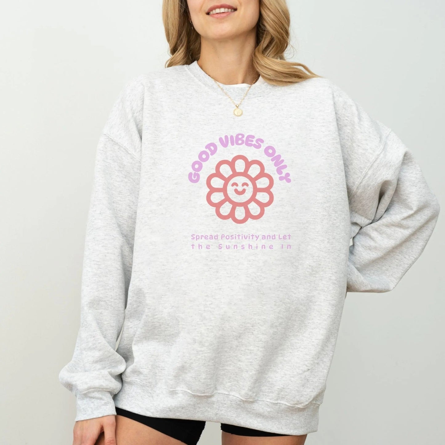 Good Vibes Only sweatshirt with cute flower design, perfect for spreading positivity and retro vibes.