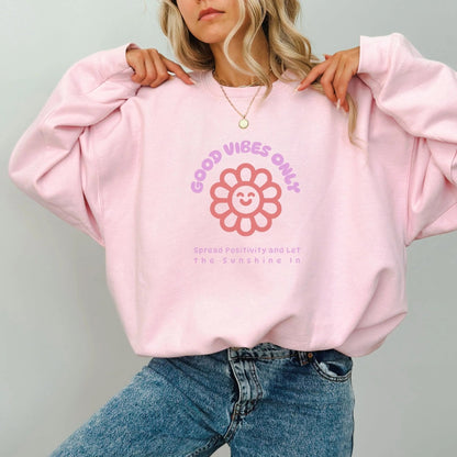 Good Vibes Only sweatshirt with cute flower design, perfect for spreading positivity and retro vibes.