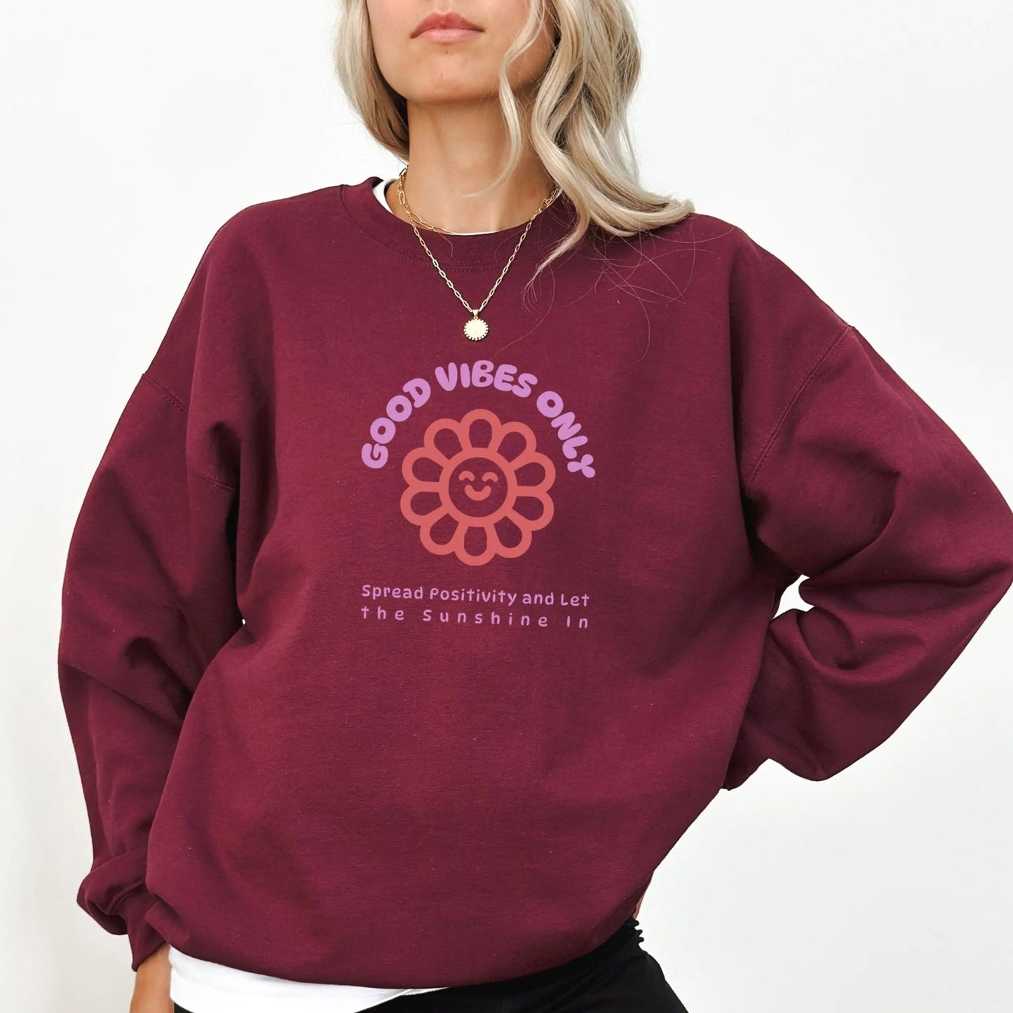 Good Vibes Only sweatshirt with cute flower design, perfect for spreading positivity and retro vibes.