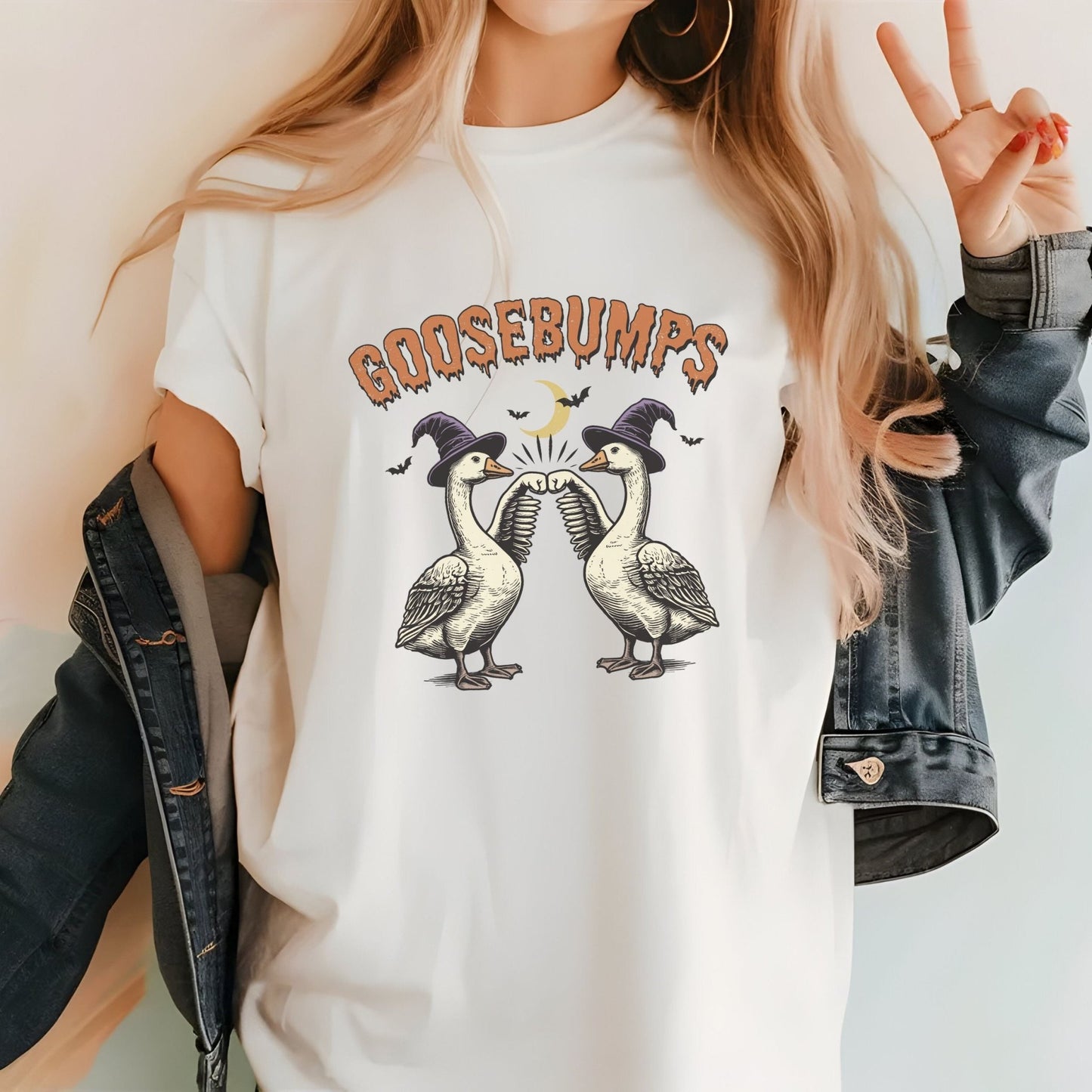 Goosebumps Halloween shirt with spooky geese design.