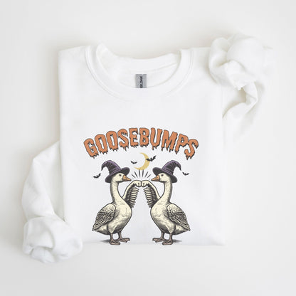 Goosebumps Halloween sweatshirt with spooky geese design.