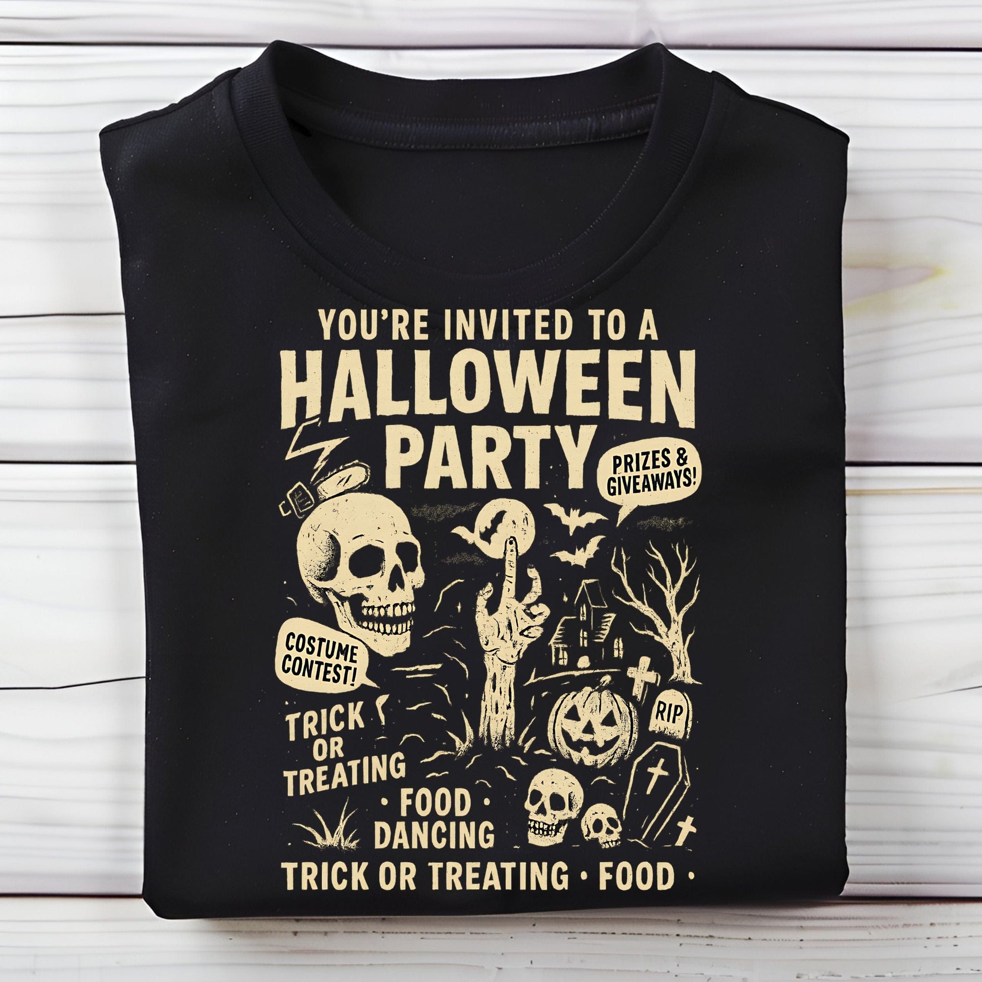 Retro Halloween party skeleton graphic tee with spooky cartoon skulls, tombstones, and vintage lettering