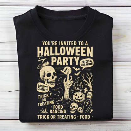Retro Halloween party skeleton graphic tee with spooky cartoon skulls, tombstones, and vintage lettering