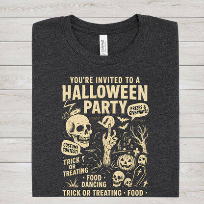 Retro Halloween party skeleton graphic tee with spooky cartoon skulls, tombstones, and vintage lettering