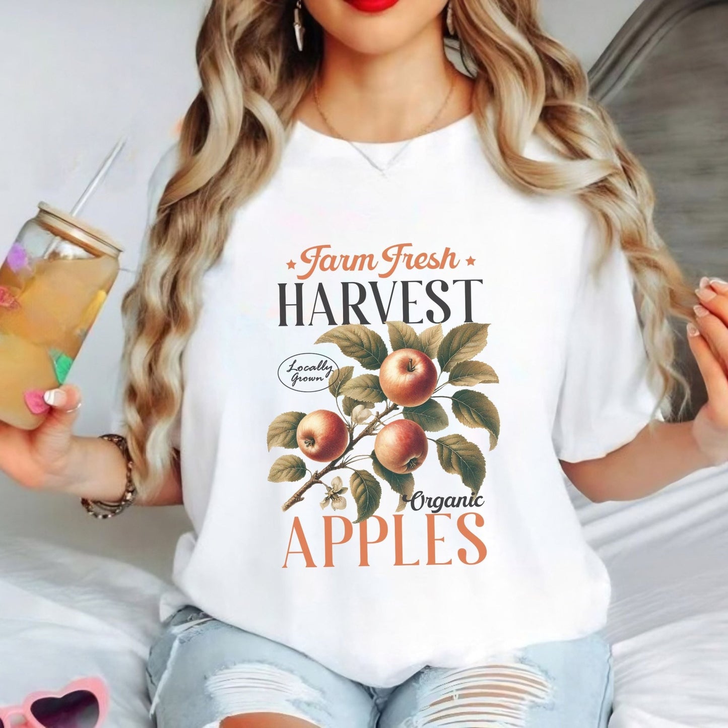 Fall harvest shirt with organic apple design, perfect for apple picking and autumn vibes.