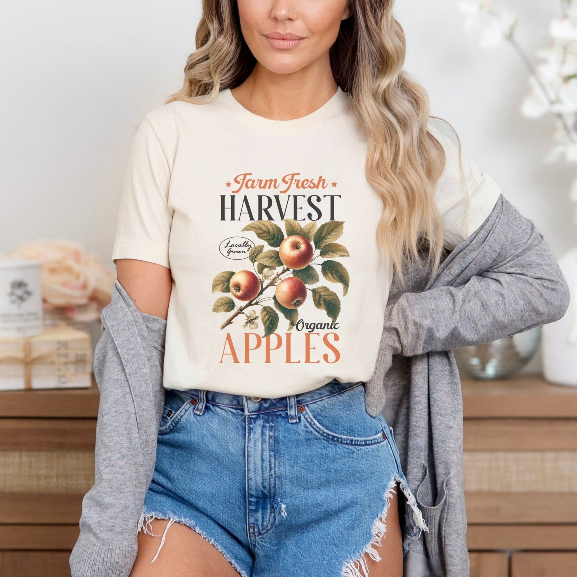 Fall harvest shirt with organic apple design, perfect for apple picking and autumn vibes.