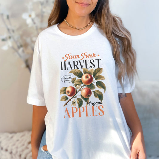 Fall harvest shirt with organic apple design, perfect for apple picking and autumn vibes.