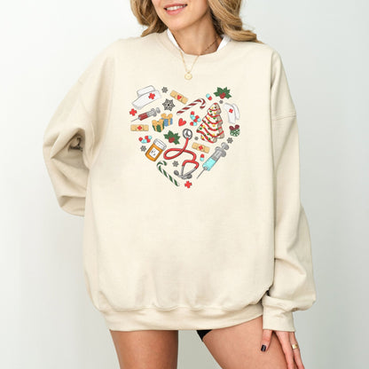 Nurse Christmas sweatshirt with holiday-themed medical icons in a heart shape.