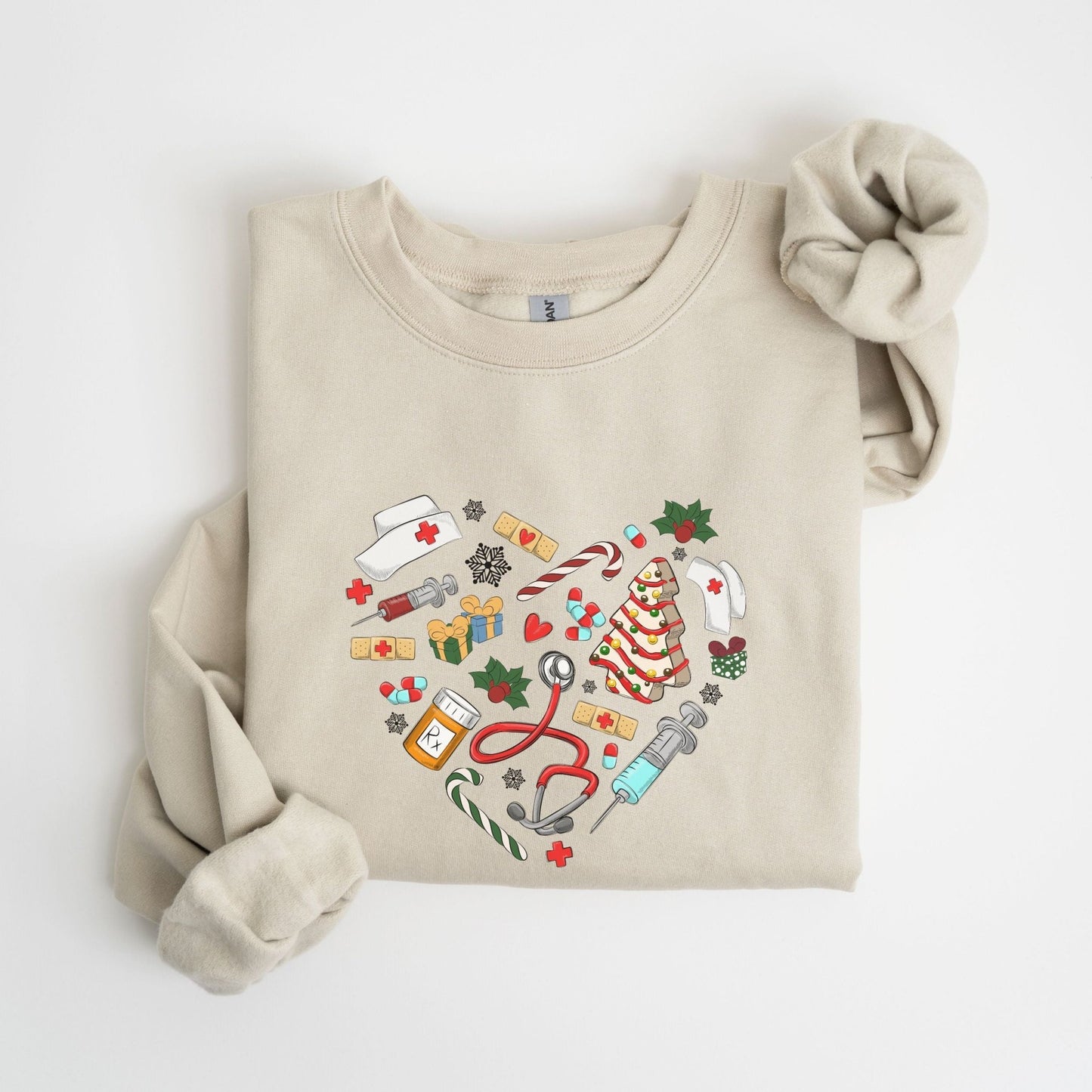 Nurse Christmas sweatshirt with holiday-themed medical icons in a heart shape.