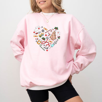 Nurse Christmas sweatshirt with holiday-themed medical icons in a heart shape.